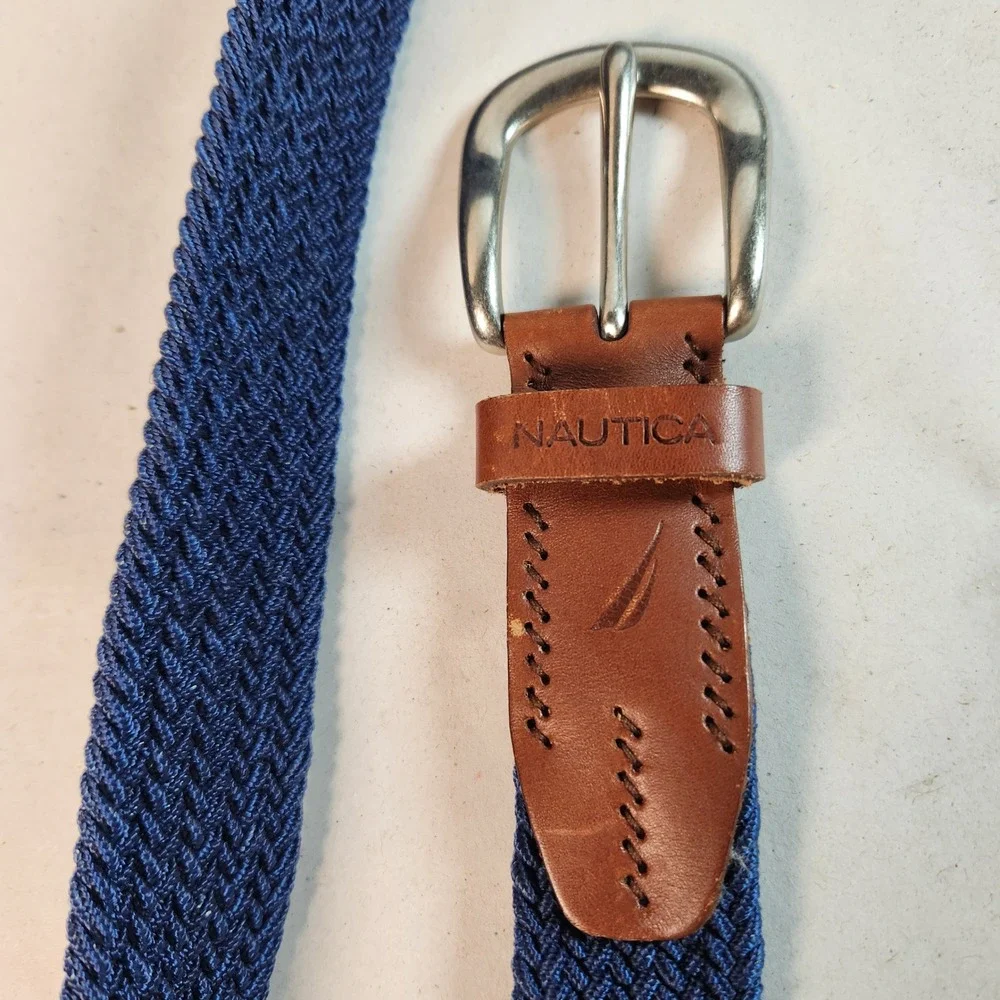 Nautica Mens 38 Braided Web Belt Navy Blue Brown Leather Trim Golf Preppy Resort